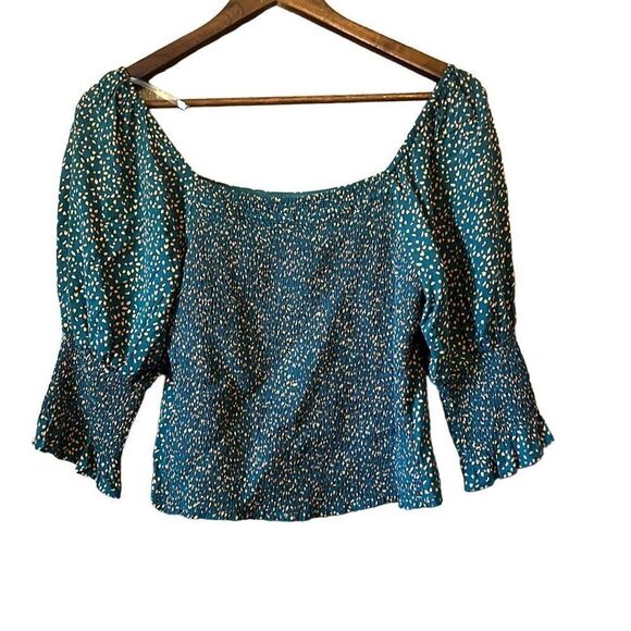 Square Neck 3/4 Sleeve Smocked Blouse Teal Gold Print Elegant Casual Top - Picture 6 of 6